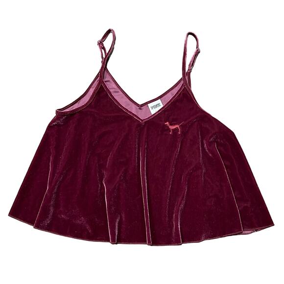 PINK Victoria’s Secret Dog Logo‎ Burgundy Velour Swing Crop Top Size M - Picture 1 of 7